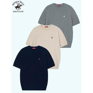[비버리힐즈폴로클럽]남여공용 자수로고 케이블 꽈배기 라운드넥 반팔 니트 (3컬러)