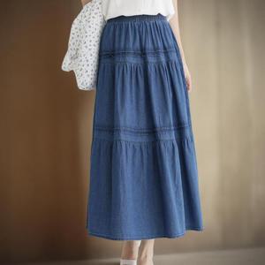 [미라클세븐]여성용 프릴 캉캉 여름 A라인 롱 데님 스커트