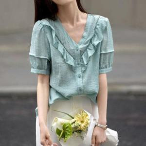 [퍼플핏]엘린 브이 프릴 반팔 블라우스_P55BL001