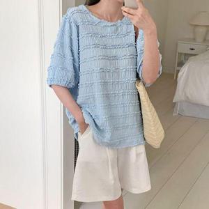 [삐까삐까]여름 프릴 주름 반팔 블라우스티 레이스 퍼프소매 라운드 링클프리 티셔츠