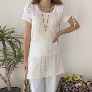 [옷자락]여성 펀칭 짜임 레이스 뷔스티에 반팔티 세트