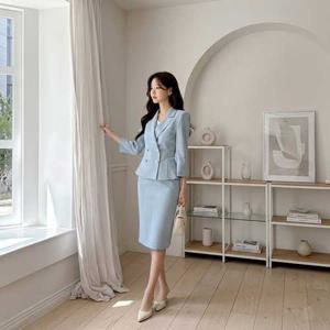 여름 치마정장세트 테일러드 페플럼 자켓 스판 스커트 투피스 셋업