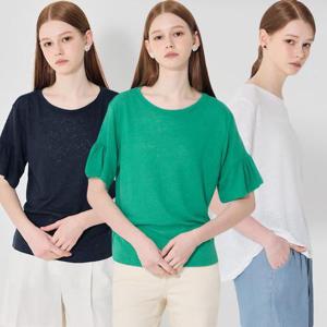 ★3종세트★[홈쇼핑방송/르오트(LeOT)] 린넨블렌디드 퍼프 슬리브 데일리 반팔 티셔츠 3종세트