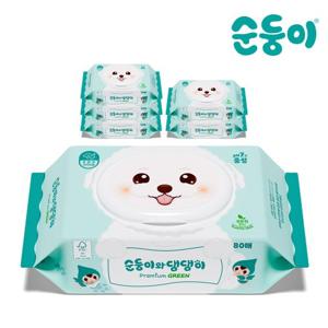 순둥이 댕댕이 강아지 물티슈 프리미엄 그린 캡형 80매 6팩