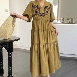 [쿠잉]브이넥 자수 3컬러 여성 롱 원피스 데일리원피스