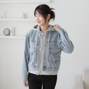 [다잇템]여자 연청 슬림 레이어드 후드집업 청자켓 점퍼