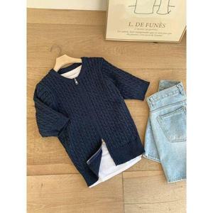 [샵앤]릴리 꽈배기 여성 라운드 투웨이 집업 반팔 니트 가디건 BONG-WCD-3207-네이비