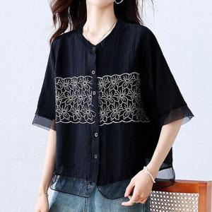 [퀸이즈] [~88까지]로겐 오버핏 블랙 플로라 시스루 블라우스