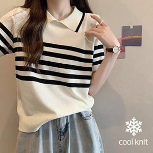 ★BEST★ [유니제이] 나듀 스트라이프 배색 카라 니트티