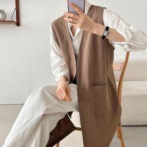 [삐까삐까]빅사이즈 브이넥 레이어드 오픈 린넨 롱 베스트 여름 자켓 조끼 국내제작