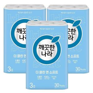 갤러리아_깨끗한나라 더 클린앤소프트 3겹 더블쿠션엠보 30m 30롤x3팩