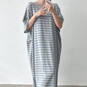 [옷자락] 여자 스트라이프 빅사이즈 홈웨어 밑트임 면 롱원피스