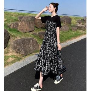 데일리템 여름 여행 데일리 여성 꽃무늬 레이어드 반팔 원피스