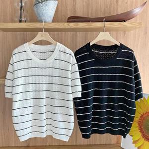 [옷자락] [시즌오프]캐주얼 펀칭 스트라이프 비스코스 반팔 니트_5