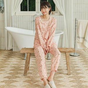 [찌니야]국내제작 여성잠옷 체크베어 라운드 긴팔상하세트