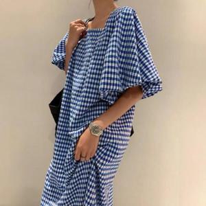 [옷자락] 여자 여름 바캉스 맥시 오버핏 체크 벌룬소매 원피스