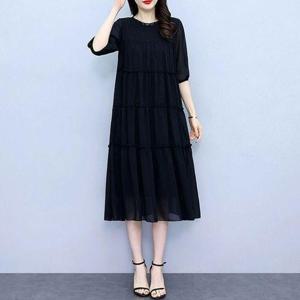 여성 여름 루즈핏 프릴넥 포인트 쉬폰 원피스 7부소매