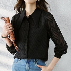 [블랙퀸] 모데라토 카라 시스루 리프 블라우스 blk002985