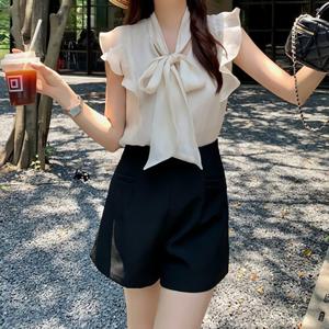 [SALE]여성 여름 우아한 솔리드 미니 쉬폰 블라우스