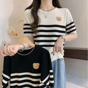 [큐즈]여성 베어 케릭터 패치 반팔 스트라이프 5부 티셔츠