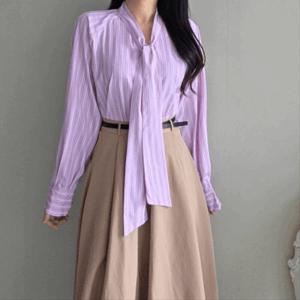 [엘린무드]스트라이프 타이 리본 래글런 코튼 간절기 베이직 셔츠 (3Color)