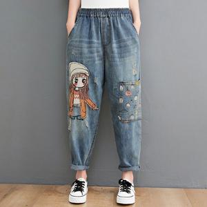 [퀸이즈] [~77까지]애니 캐릭터패치 밴딩 배기핏 데님 청팬츠/배기 청바지