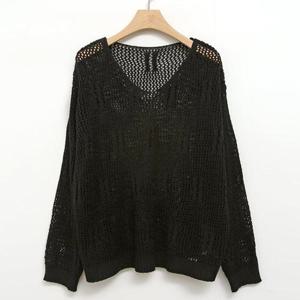 여성 U넥 그물 망사 레이어드 긴팔 니트 티셔츠 DGB-WKN-4461-블랙