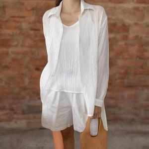 [신상오픈런]여성 여름 아사면 슬리브리스 루즈핏 셔츠 세트