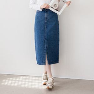 룰루제이 / 앞트임 면 롱 데님 스커트 청치마