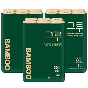 [안심 무표백!] 그루 화장지 30M 3겹 30롤x3팩(90롤)/100%천연펄프/무형광