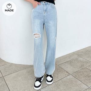 청량한 하이웨스트 롱 와이드 찢청 데님팬츠 무파진