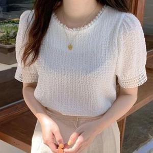 [XBJG6K89]레이스 포인트 화이트 블라우스 여름 반팔