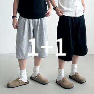 [딜크릿] 1+1 남녀공용 버뮤다팬츠 6부 와이드 반바지 핀턱 밴딩 스트링