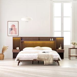 헤일리 호텔식 침대 프레임 LED조명 고무나무 원목 평상형