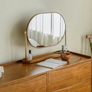 룬드 원목 수납 선반 라운드 화장대 거울 (고무나무 프레임)