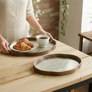 레트로 밤부 우드 빈티지 인테리어 유리 쟁반 트레이