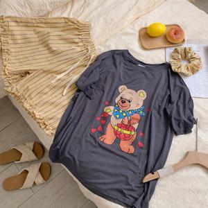 3종세트 하트 곰돌이 여성 잠옷 반팔티셔츠+스트라이프팬츠+헤어곱창