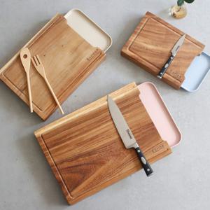 감성 슬라이딩 원목 도마 주방 정리 서랍형 나무 도마 쟁반 세트 편리한 조리도구 도마세트