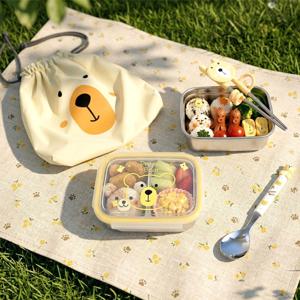 유아동 어린이 스텐 국산 베어 2단 소풍 피크닉 직사각 도시락 파우치 가방세트 유치원