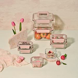 퓨어 유리 밀폐용기 직사각/정사각 혼합 8조 세트(샌드핑크)