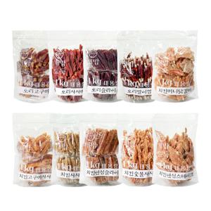 2개set 개밥도둑 1kg 강아지 대용량 간식 육포 져키 사사미 치킨/오리