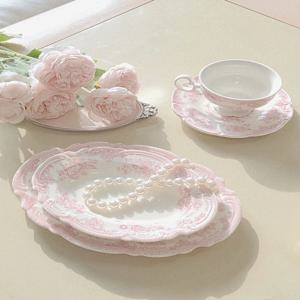 프렌치 타원 플레이트 찻잔 소서세트 디저트 브런치 플레이팅접시 핑크