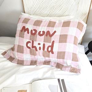 핑크 문차일드 체크 아트 거즈코튼 베개수건