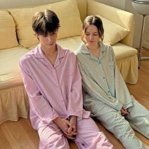 젤리팝 스트라이프 긴팔 파자마 세트 커플 잠옷 빅사이즈 남녀공용 홈웨어 2color