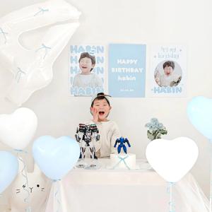 A4 포토 포스터 하트 몽글 파티 세트 블루 생일 아기 돌잔치 풍선