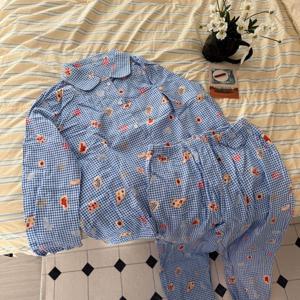 핸드메이드 쿠키 스티치 순면 체크 피치기모 긴팔 잠옷 세트 1color