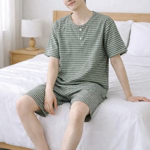 남자 홈웨어 잠옷세트 반팔상의+반바지 체크 여름 고무줄 파자마 빅사이즈