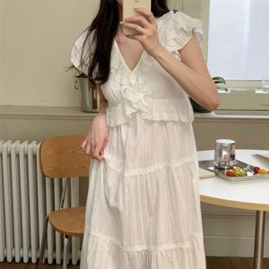 화이트 프릴 롱 원피스 잠옷 순면 캡내장 여름 홈웨어 파자마