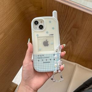 MADE DIY포켓 크림 블루 체크 투명 안테나 아이폰케이스 비즈 스트랩 y2k