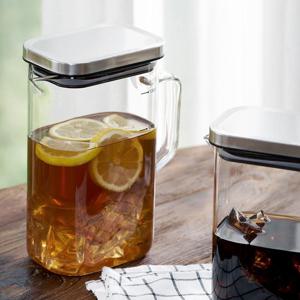 퓨어 스텐 뚜껑 냉장고 물통 사각 내열 유리 손잡이 물병 1.6L